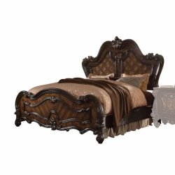 Ornate Carved Classic Traditional Wood Bed Frame with Upholstered Headboard
