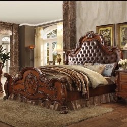 Ornate Carved Classic Traditional Wood Bed Frame with Upholstered Headboard
