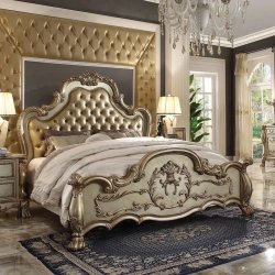 Ornate Carved Classic Traditional Wood Bed Frame with Upholstered Headboard