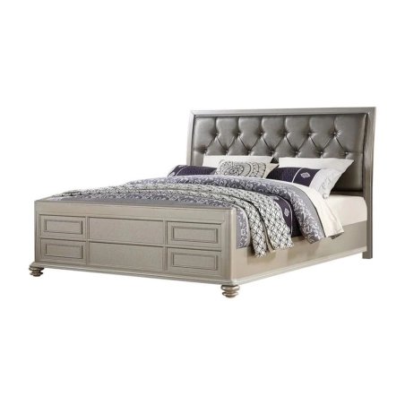 Chic Silver Tufted Headboard Bed with Footboard Drawers