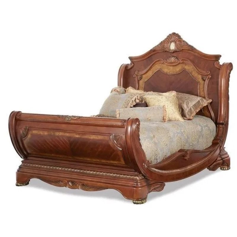 Luxury Carved Wood Sleigh Bed with Upholstered Headboard Luxury Carved Wood Sleigh Bed with Upholstered Headboard