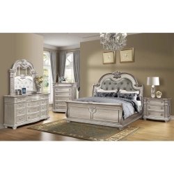 Luxurious Classic Tufted Upholstered Bed Frame with Ornate Silver Finish