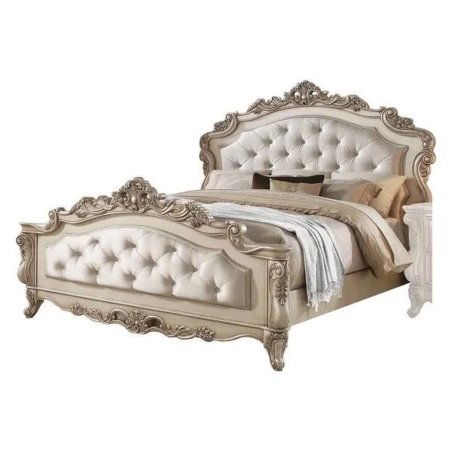 Opulent Classic King Size Bed with Tufted Upholstery and Carved Wood Frame