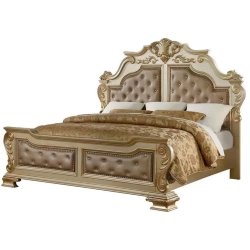 Luxury Classic Panel Bed | Ornate Tufted Headboard | Champagne Finish