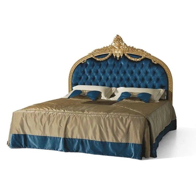 Luxurious Classic Blue Gold Tufted Bed with Carved Headboard Luxurious Classic Blue Gold Tufted Bed with Carved Headboard