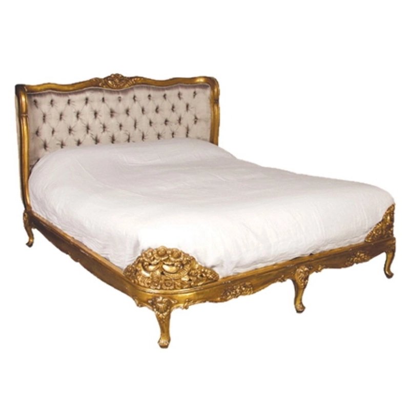 Luxury Gold Carved Wood Bed with Tufted Headboard | Classic Baroque Style Luxury Gold Carved Wood Bed with Tufted Headboard | Classic Baroque Style
