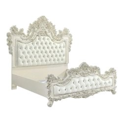 Luxury White Ornate Carved Tufted Bed Frame Classic Style