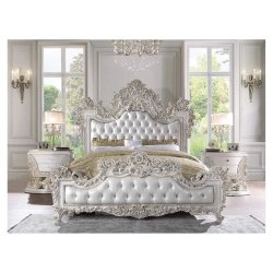 Luxury White Ornate Carved Tufted Bed Frame Classic Style