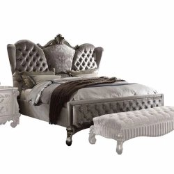 Opulent Gray Velvet Tufted Wingback Bed Frame and Matching Bench Set