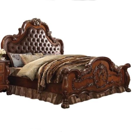 Classic Ornate Brown Wood Bed with Tufted Headboard