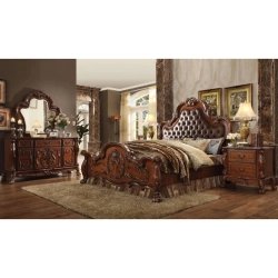 Classic Ornate Brown Wood Bed with Tufted Headboard