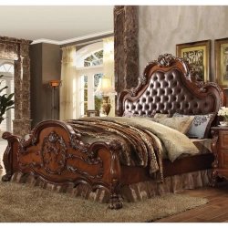 Classic Ornate Brown Wood Bed with Tufted Headboard