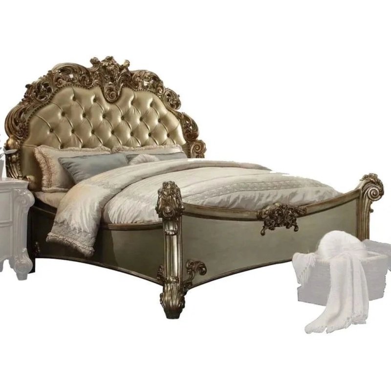 Luxury Classic Ornate Upholstered Bed Frame with Golden Finish Luxury Classic Ornate Upholstered Bed Frame with Golden Finish