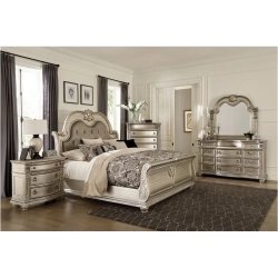 Luxury Carved Sleigh Bed with Tufted Headboard - Champagne Finish