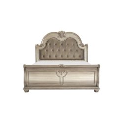 Luxury Carved Sleigh Bed with Tufted Headboard - Champagne Finish