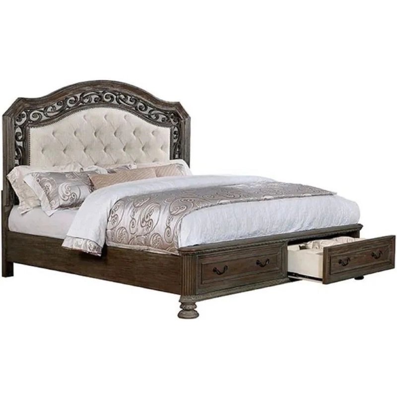 Classic Traditional Wooden Bed with Tufted Headboard and Storage Drawers Classic Traditional Wooden Bed with Tufted Headboard and Storage Drawers