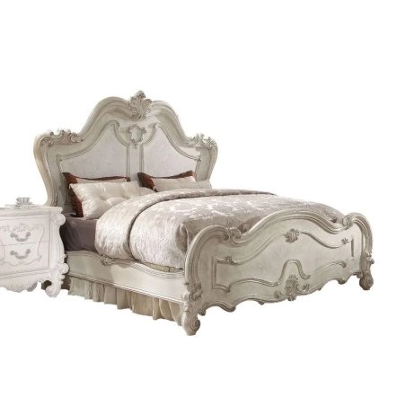 Luxurious Classic Baroque Carved Wood Bed Frame Antique White Finish