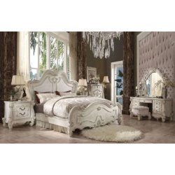 Luxurious Classic Baroque Carved Wood Bed Frame Antique White Finish