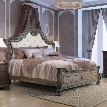 Classic Ornate Carved Wood King Size Bed with Tufted Upholstered Headboard
