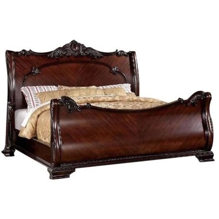 Luxury Ornate Dark Wood Sleigh Bed Frame with Elegant Carvings