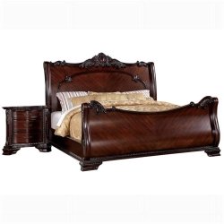 Luxury Ornate Dark Wood Sleigh Bed Frame with Elegant Carvings