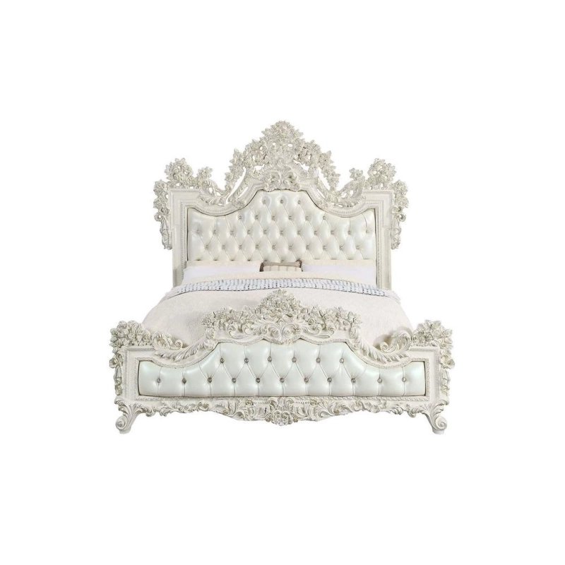Luxury White Carved Tufted Upholstered Classic Baroque Bed Frame