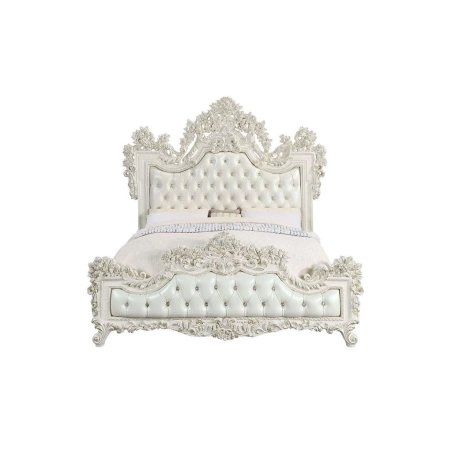 Luxury White Carved Tufted Upholstered Classic Baroque Bed Frame