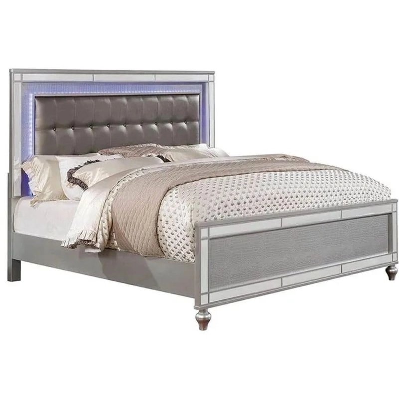 Modern Bed Frame with LED Lights Tufted Headboard and Mirrored Accents Modern Bed Frame with LED Lights Tufted Headboard and Mirrored Accents
