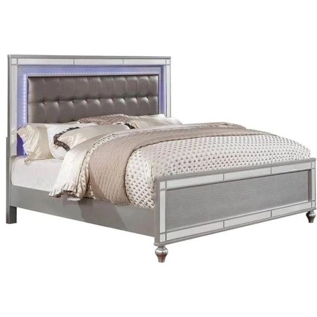Modern Bed Frame with LED Lights Tufted Headboard and Mirrored Accents