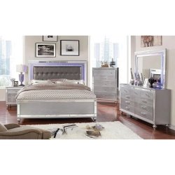 Modern Bed Frame with LED Lights Tufted Headboard and Mirrored Accents