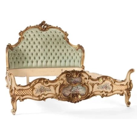 Hand Carved Baroque Style Wood Bed with Tufted Headboard