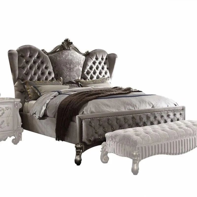 Luxury Grey Velvet Tufted Wingback Bed with Ornate Wood Accents Luxury Grey Velvet Tufted Wingback Bed with Ornate Wood Accents