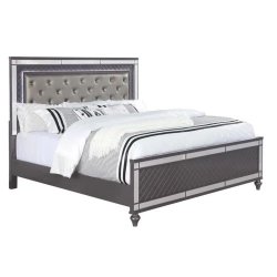 Luxury Grey Upholstered Tufted Panel Bed with Mirrored Frame Accents