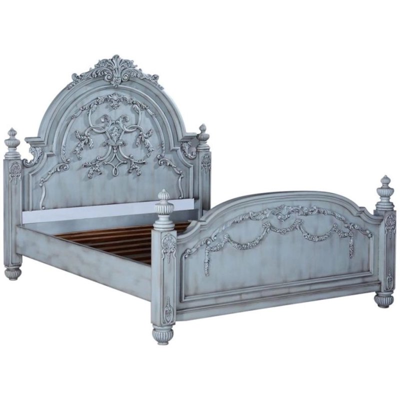 Classic Carved Wooden Bed Frame with Distressed Finish