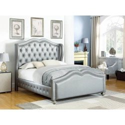 Glamorous Silver Upholstered Tufted Wingback Bed with Nailhead Trim
