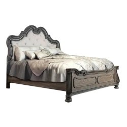 Elegant Classic Carved Wood Bed Frame with Upholstered Headboard