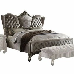 Luxury Grey Tufted Upholstered Bed Frame with Ornate Headboard