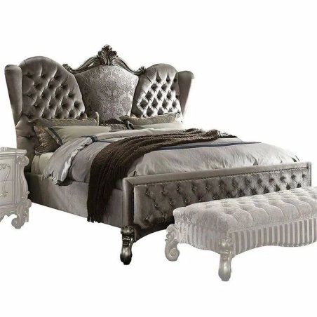 Luxury Grey Tufted Upholstered Bed Frame with Ornate Headboard