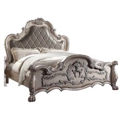 Ornate Classic Carved Upholstered Bed Frame White Silver Finish