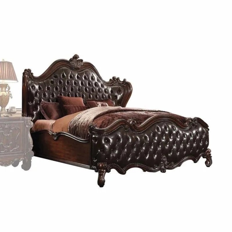 Luxury Dark Brown Tufted Upholstered King Size Bed with Ornate Wood Frame Luxury Dark Brown Tufted Upholstered King Size Bed with Ornate Wood Frame