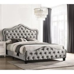 Elegant Silver Upholstered Tufted Nailhead Trim Wingback Queen Bed