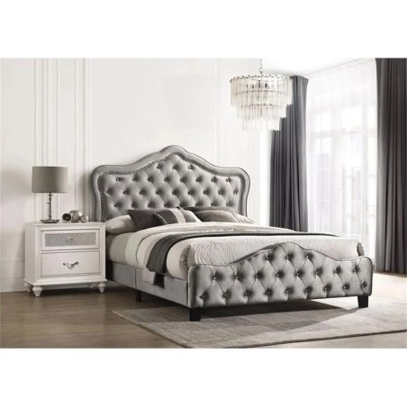 Elegant Grey Velvet Upholstered Tufted Bed Frame