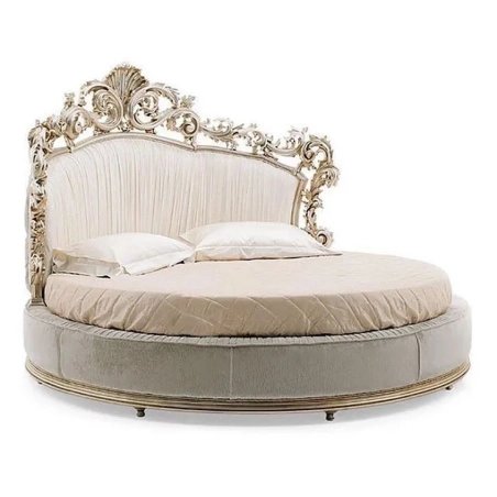 Luxury Round Bed with Ornate Carved Headboard and Upholstery