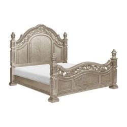 Luxurious Carved Wooden Bed Frame with Elegant Silver Finish