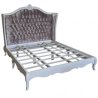Luxury White Wood French Rococo Style Bed Frame with Grey Velvet Tufted Headboard