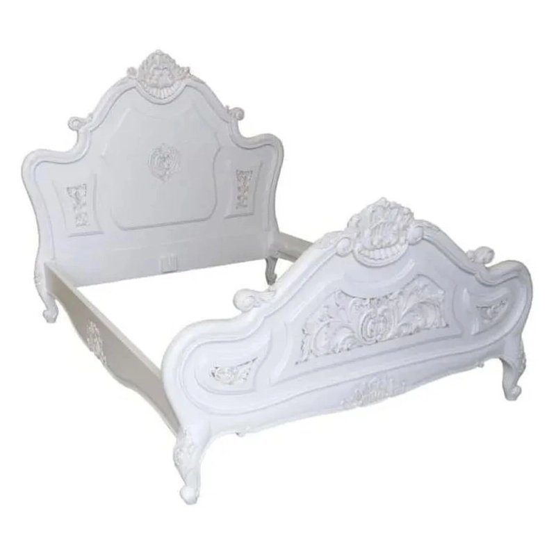 White Carved Wooden Bed Frame Classic Baroque Style White Carved Wooden Bed Frame Classic Baroque Style