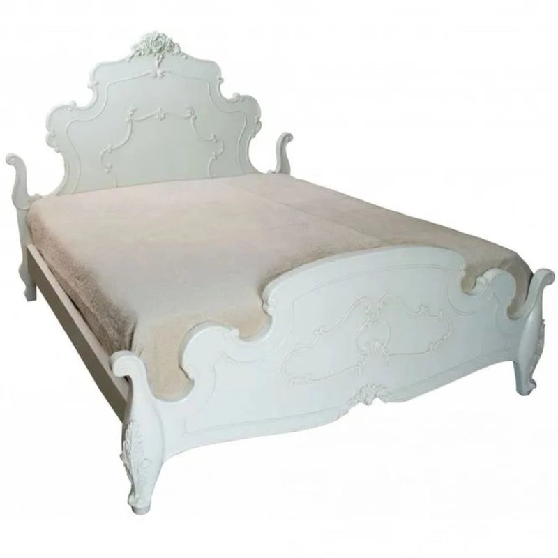 Classic White Carved Wooden Bed Frame French Rococo Style