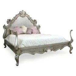 Ornate Silver Carved Wood Bed with Upholstered Headboard