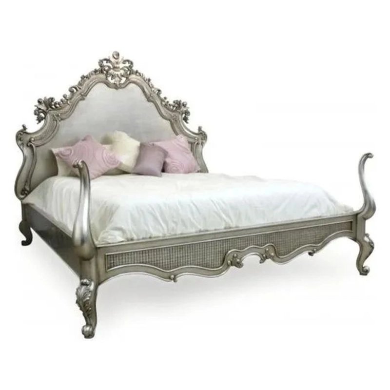 Ornate Silver Carved Wood Bed with Upholstered Headboard Ornate Silver Carved Wood Bed with Upholstered Headboard