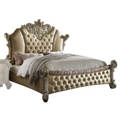 Luxury Gold Upholstered Tufted Bed with Ornate Carvings